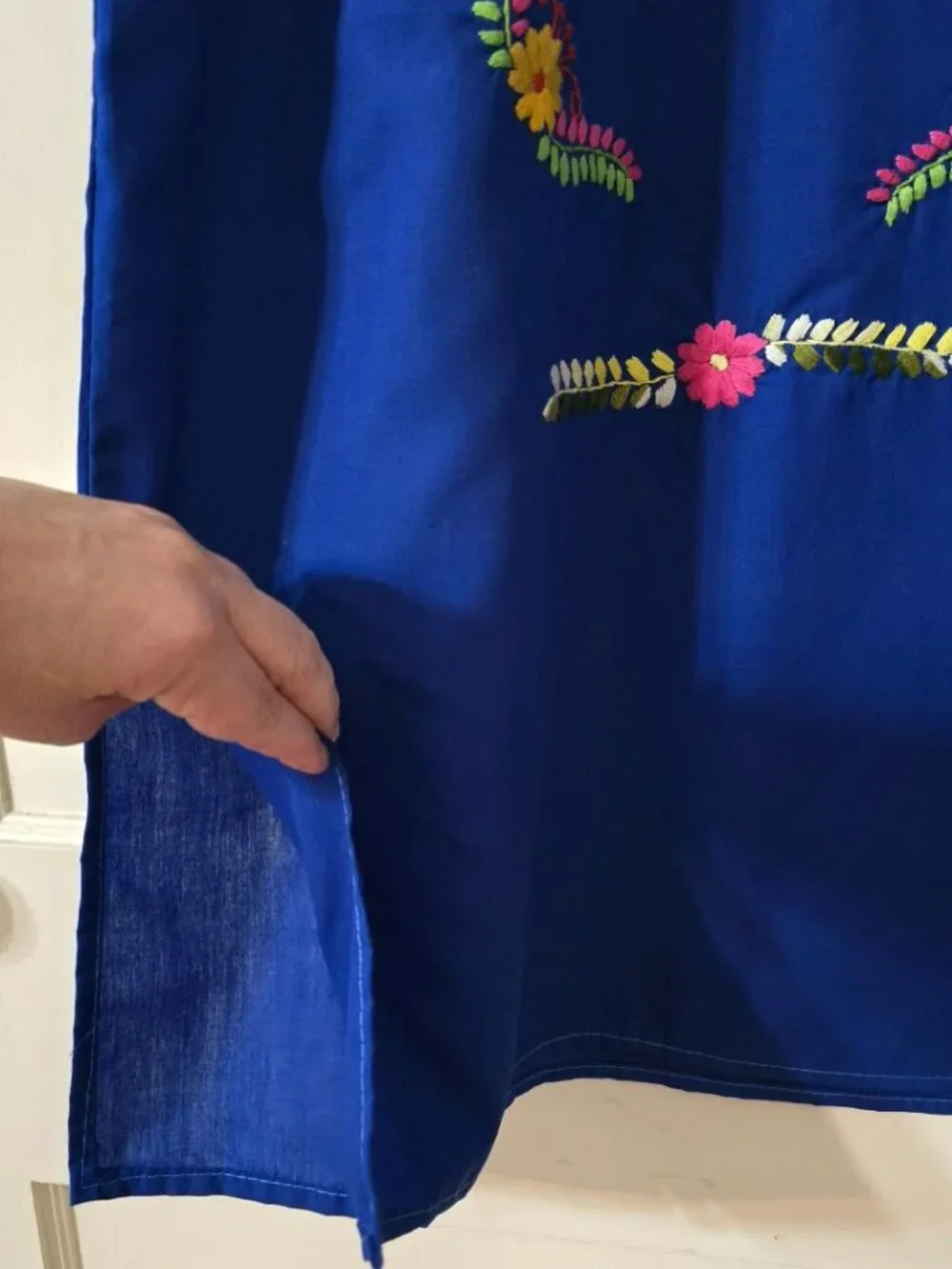 L Traditional Mexican Multi Floral Embroidery Dress in Cobalt Blue Cap Sleeve